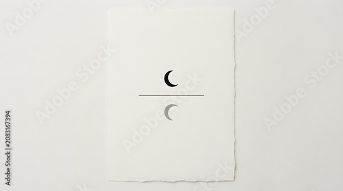 Minimalist Artistic Representation of a Crescent Moon Reflecting on a Horizontal Horizon Line on Textured Paper