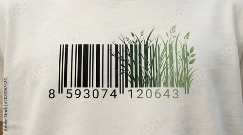 Barcode transitioning into green grass printed on white fabric, symbolizing ecological shopping concept