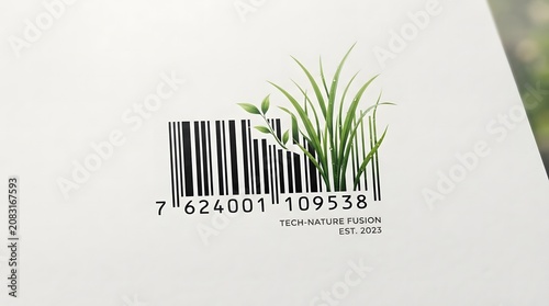 Concept of sustainable commerce with barcode transforming into green grass, symbol of eco friendly technology