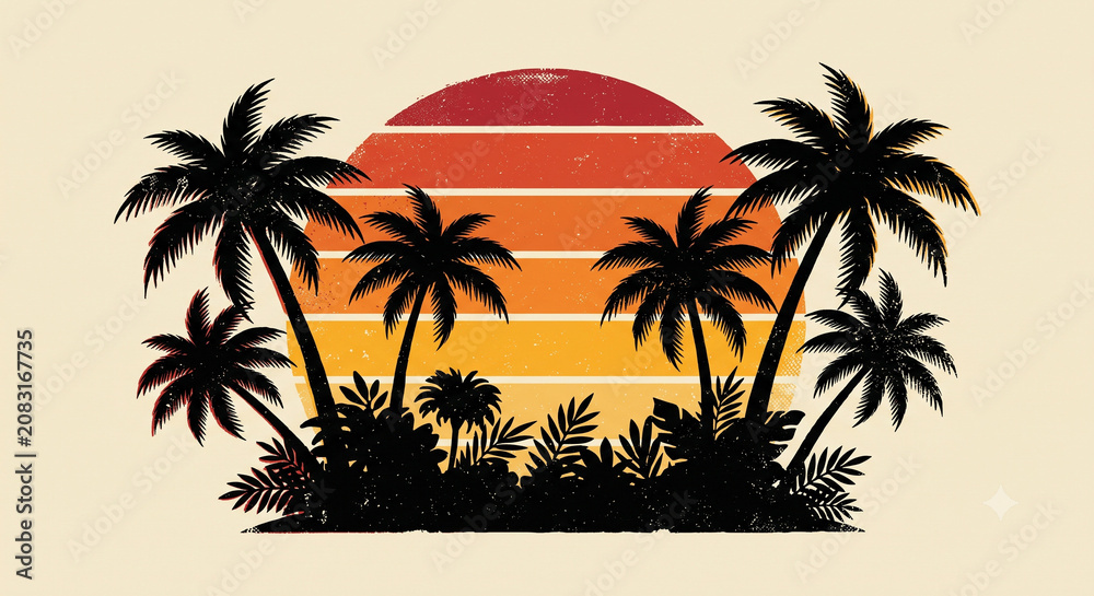 Fototapeta premium Vintage Retro Sunset with Palm Trees