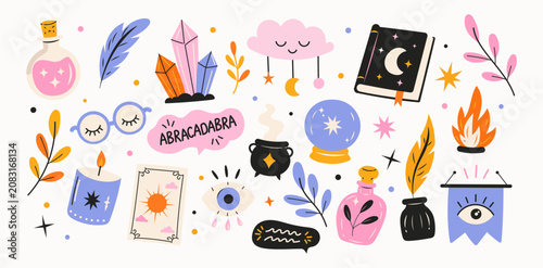 Fényképezés Magic stickers collection with crystals, potion bottles, spell book, crystal ball, tarot card, cauldron, witch symbols, celestial elements and mystical doodle icons