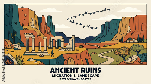 Photos Ancient desert ruins with migrating birds