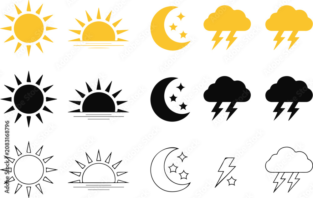 Obraz premium Collection of weather including sun moon clouds lightning and sunrise sunset in yellow black and outline styles