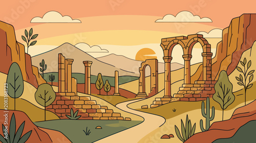 Foto Ancient ruin landscape with sun and mountains