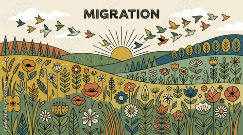 Εκτύπωση καμβά Birds migrating over scenic landscape