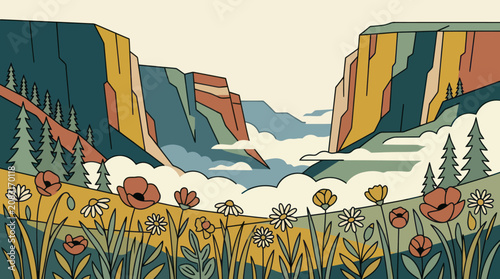 Canyon landscape with wildflowers and distant clouds