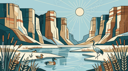 Canyon landscape with wildlife and water