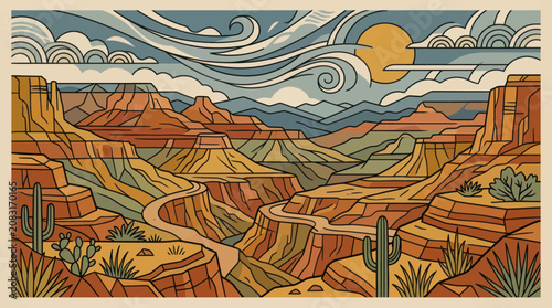Canyon landscape with winding river and sun