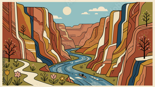 Canyon river landscape with stylized nature