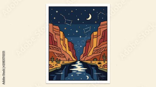 Canyon river under starry night sky