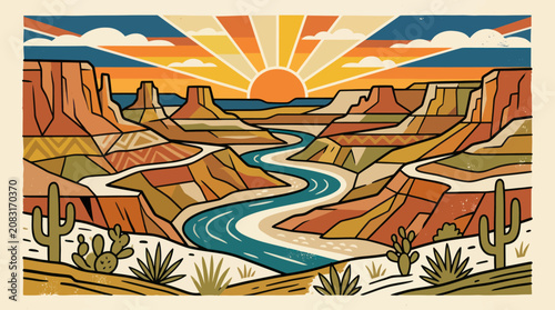 Canyon river sunset landscape illustration