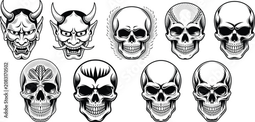 Collection of 8 unique skull and demon face illustrations isolated on transparent background