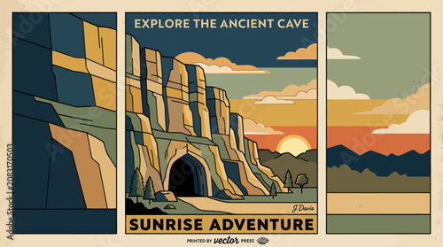 Cave entrance and mountain landscape