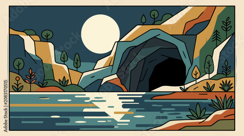 Cave entrance at night by moonlit water