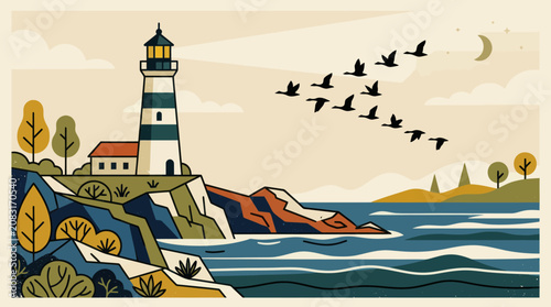 Tableau sur toile Coastal lighthouse and migrating birds