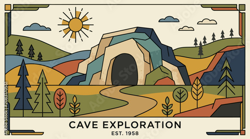 Cave entrance in colorful landscape