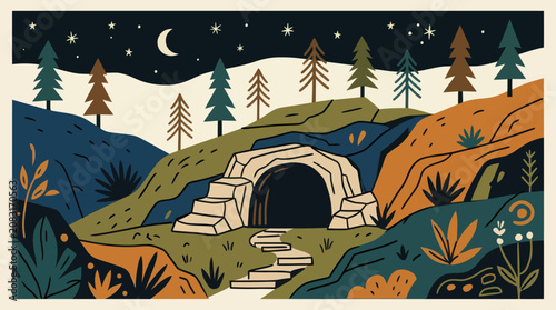 Cave entrance in a stylized landscape at night
