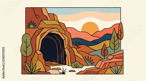Cave entrance in desert landscape at sunset