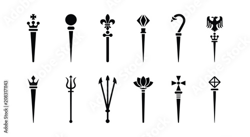 Foto Royal scepter icon set featuring black silhouette king and queen maces, medieval