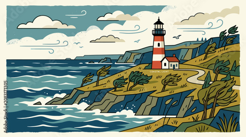 Foto Coastal lighthouse scene illustration