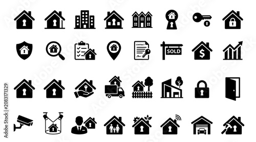 Black and white house security icons.
