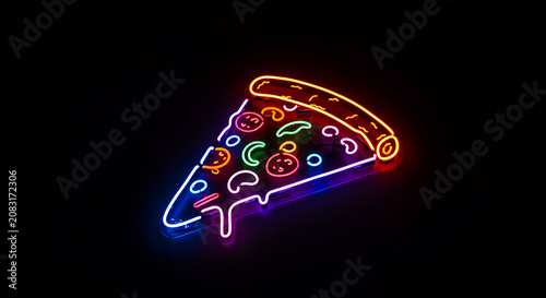 Colorful neon pizza slice glowing brightly against a dark, minimalist background