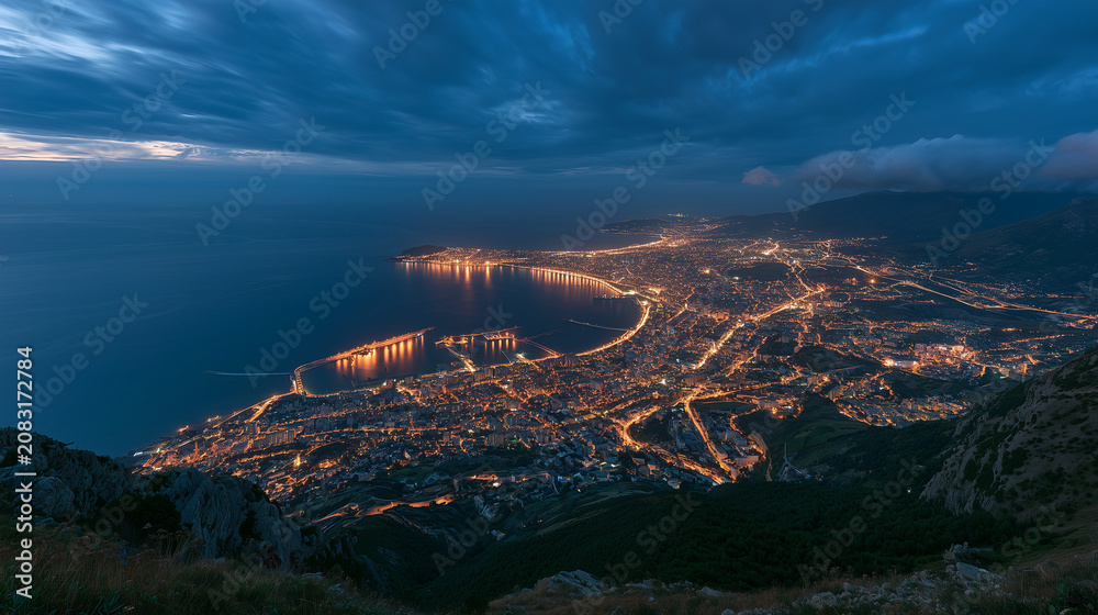 Naklejka premium Serene ocean bay cityscape backdrop, romantic dark blue twilight presentation layout with copy space.