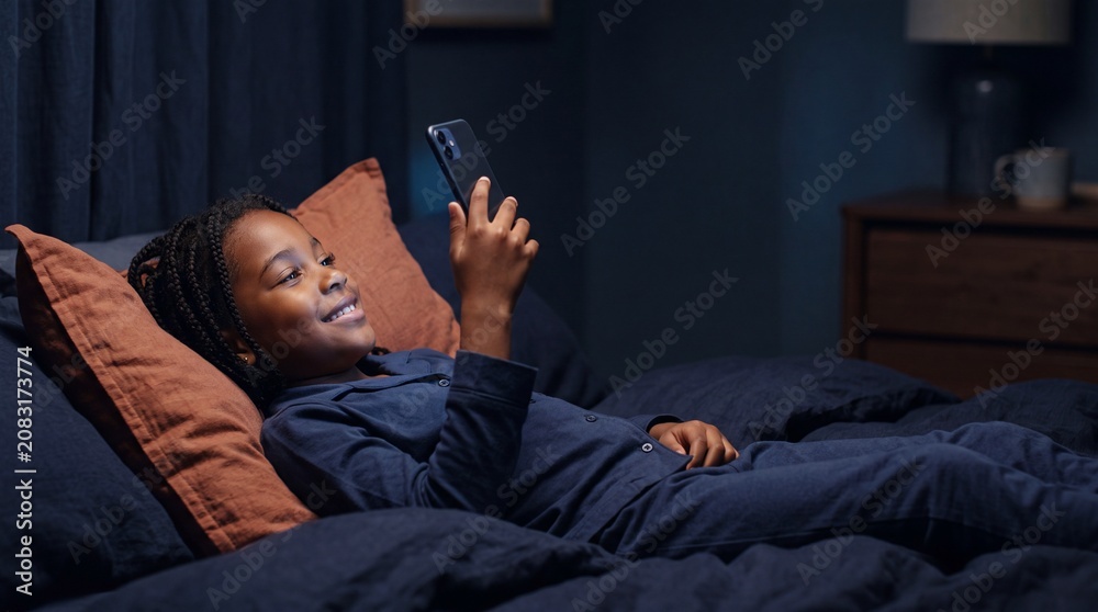 Fototapeta premium Happy young African American girl lying in bed at night using a smartphone with a glowing screen
