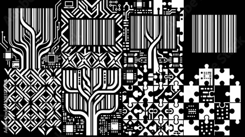 Abstrakte digitale Illustration mit Barcode-Mustern, Leiterplatten-Elementen, geometrischen Formen und Puzzleteilen in kontrastreichem Schwarz-Weiß-Design für technologische Konzepte.