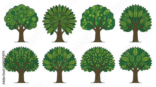 Eine Sammlung von acht stilisierten, flachen Baum-Illustrationen mit verschiedenen geometrischen Blattmustern und grünen Texturen auf einem isolierten weißen Hintergrund.