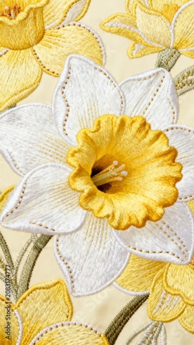 Intricate embroidery of white and yellow daffodil flowers on a soft fabric.