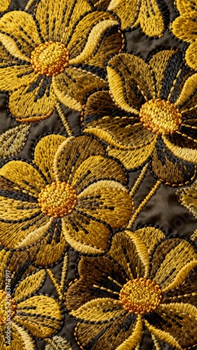 A close-up view of intricate golden-yellow floral embroidery work featuring dense petal textures stitched onto a dark, rich fabric background.