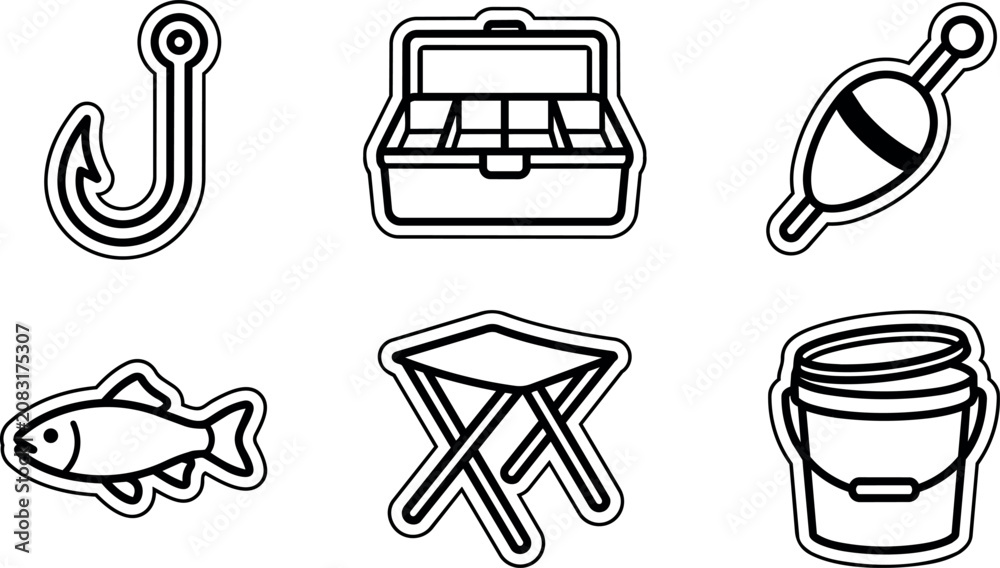 Fototapeta premium Black and white fishing hook tackle box float fish folding stool and bucket icons