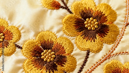 Detailed close-up of decorative yellow and brown floral embroidery on a soft, light-colored fabric, showcasing artistic stitching techniques.