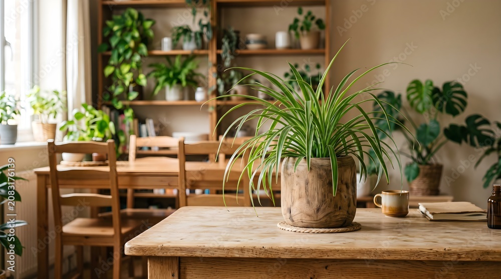 Fototapeta premium Cozy indoor space with potted plants and wooden furniture