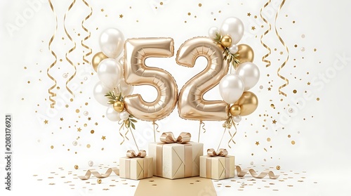 52nd birthday celebration with gold balloons gifts and confetti