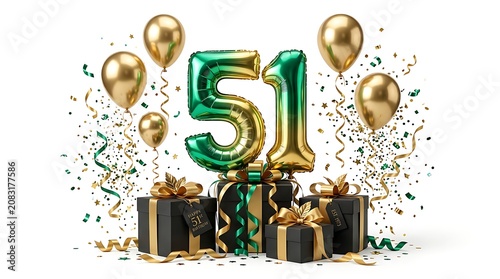 51st birthday celebration with gold balloons and gift boxes