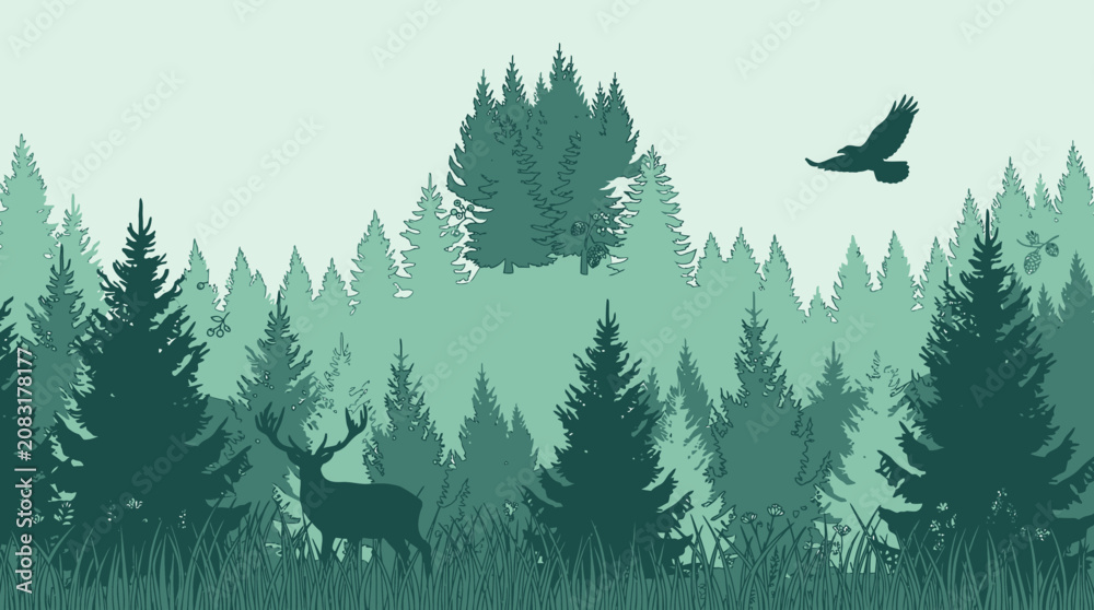 Obraz premium Illustrazione vettoriale di una foresta di conifere con sagome di un cervo e di un uccello in volo, caratterizzata da tonalità verdi stratificate e un'atmosfera naturale e serena.