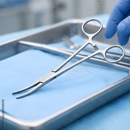Surgical Instruments on Sterile Tray in Medical Setting Close Up