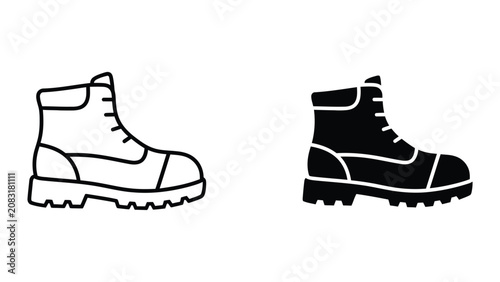 Professional Minimal Vector Icon Work boot safety icon set Editable Stroke, Outline and Solid Style, Black Monochrome, Isolated on White Background
