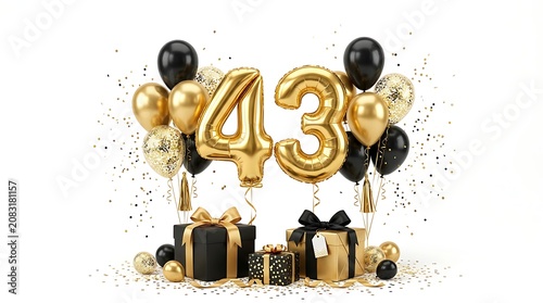 43rd birthday celebration with gold balloons and gifts