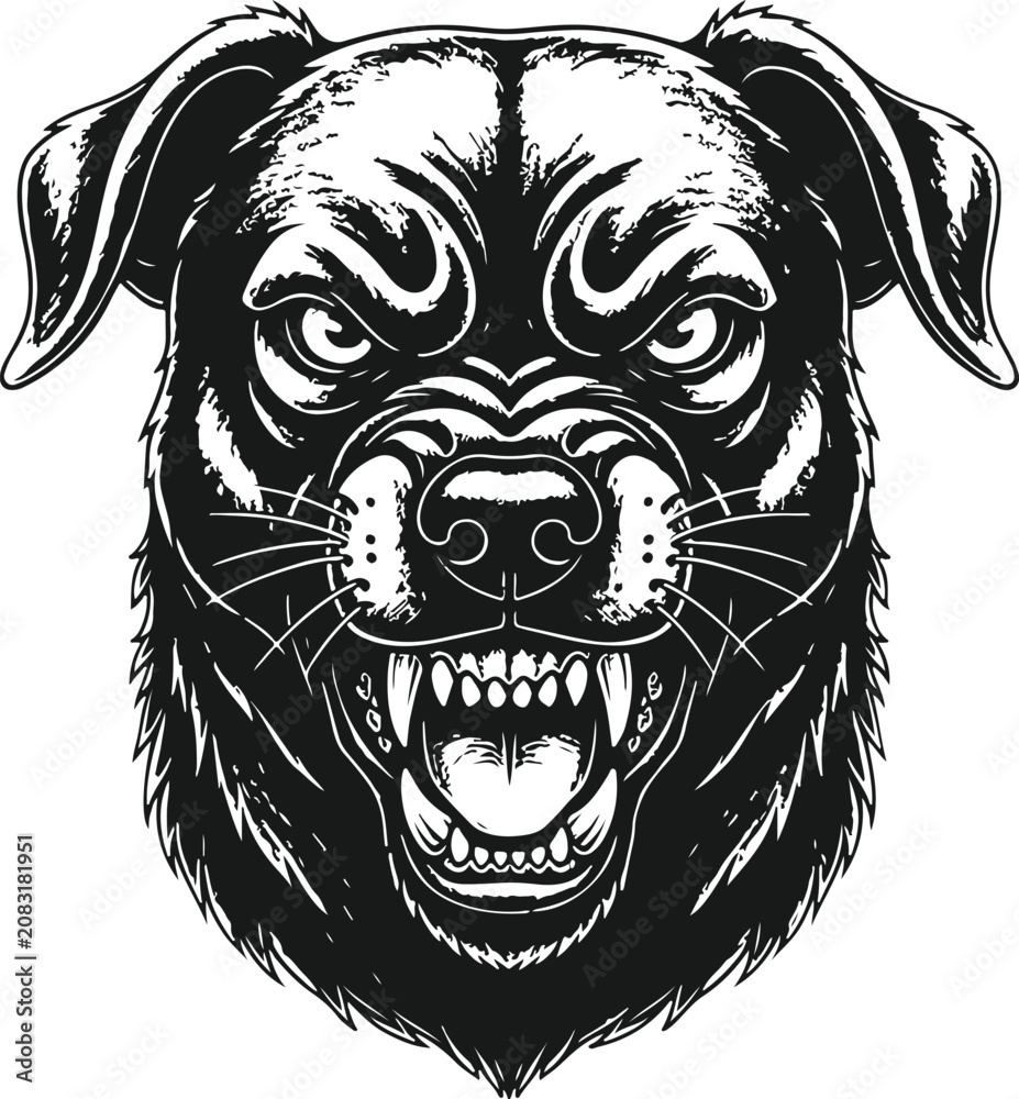 © Hanzala - Angry Rottweiler Face: A fierce Rottweiler's snarling face, with bared teeth and intense eyes, conveys aggression and power. Its detailed illustration captures the raw energy of a protective guardian. © Hanzala - Angry Rottweiler Face: A fierce Rottweiler's snarling face, with bared teeth and intense eyes, conveys aggression and power. Its detailed illustration captures the raw energy of a protective guardian.