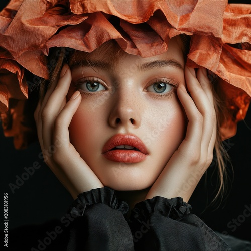 Close up portrait of a beautiful woman with elegant makeup and artistic headpiece in dramatic lighting