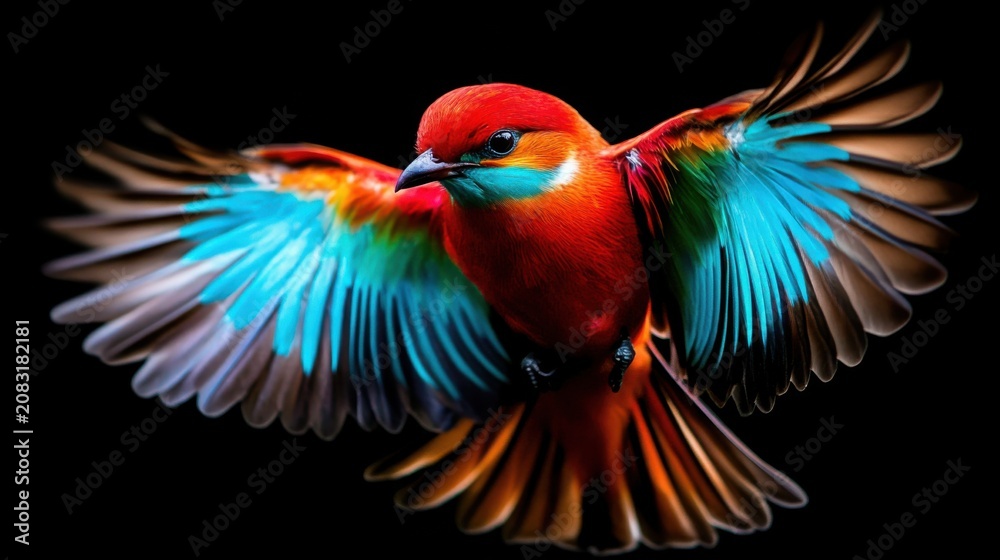 Obraz premium A bright and colorful bird soaring through the air displaying its beautiful feathers against a dark backdrop