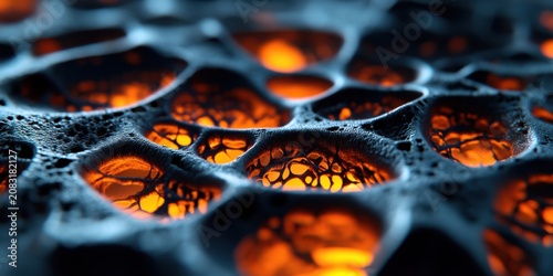 Detailed view of a unique textured surface featuring vibrant orange highlights and complex patterns