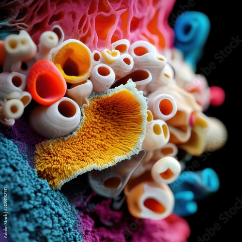 Colorful microorganisms viewed through a microscope revealing their complex structures and unique patterns in vivid detail