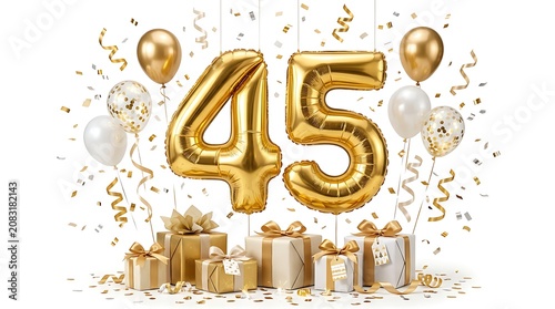 Golden 45th anniversary celebration with balloons and gift boxes