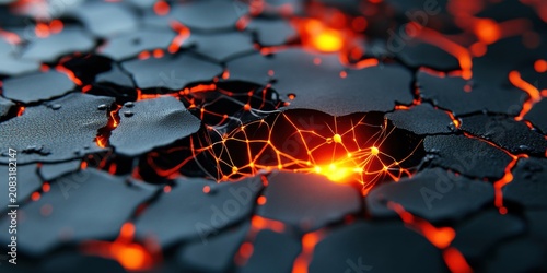 Close up of cracked lava surface with glowing magma flowing through crevices in a volcanic landscape