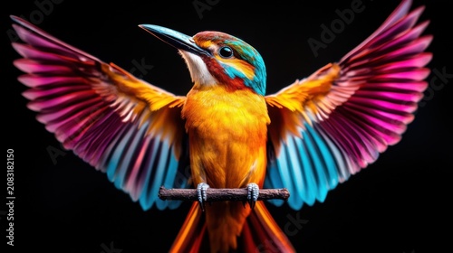 Colorful kingfisher bird displaying its vibrant wings set against a contrasting dark background