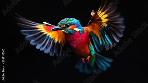 Colorful tropical bird soaring through the air displaying its stunning feathers against a contrasting dark backdrop